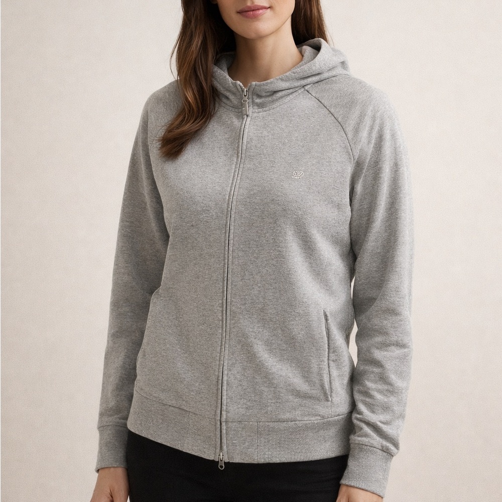 Escada Cotton Zip-Up Hoodie Size L Grey Pockets Stretch Cozy Casual Neutral